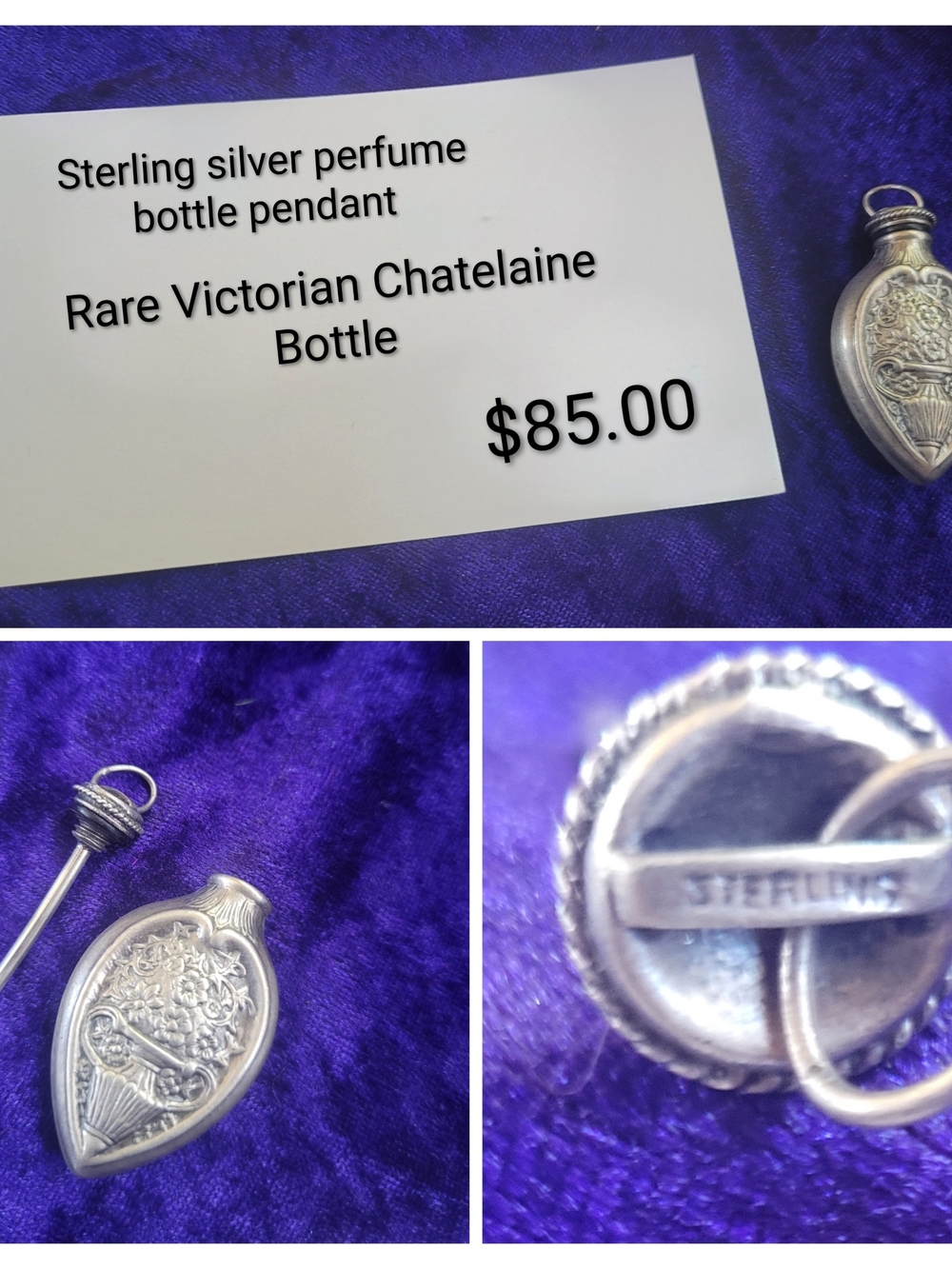 Sterling Silver Victorian Chatelaine Perfume Bottle Pendant - Silver